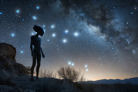 An alien standing in the desert with stars above him photo