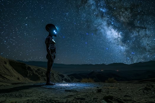 An alien stands in the desert at night photo