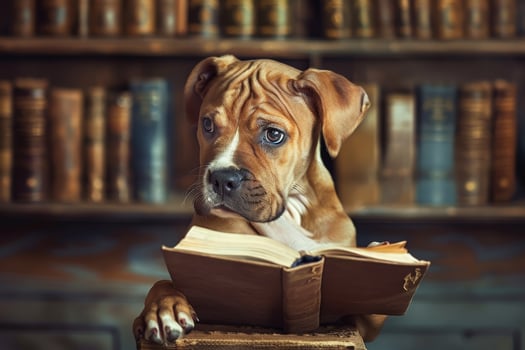 A dog is reading a book in front of a library photo