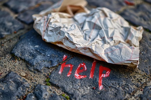 Help written on a paper bag on the ground photo