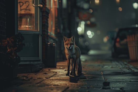 A fox standing on the street at night photo