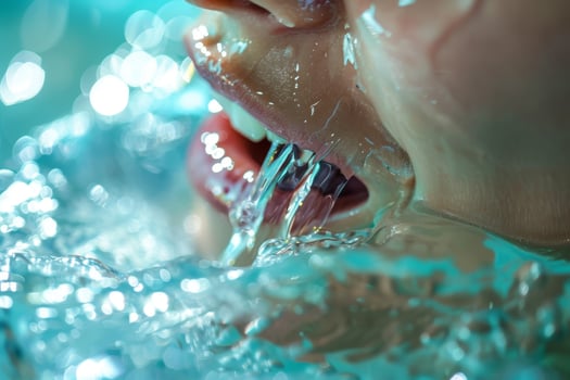 A close up of a child's mouth with water coming out photo