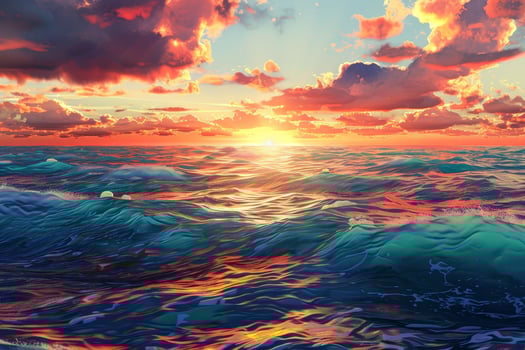 The sunset over the ocean with waves and clouds photo