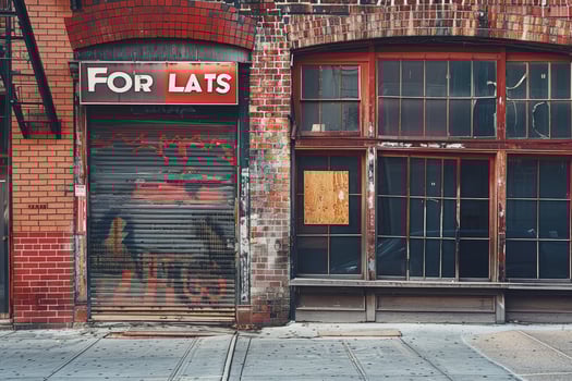 A brick building with a for rent sign on it photo