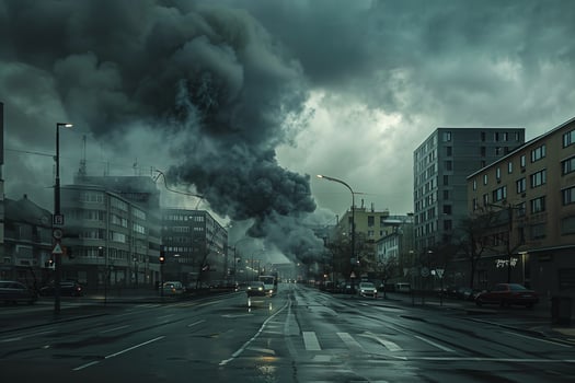 A city street is filled with smoke and cars photo