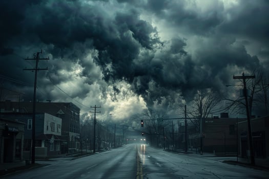 A dark stormy sky over a city street photo