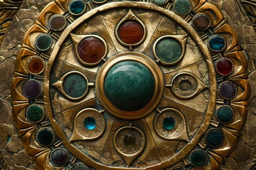 An ornate gold and silver medallion with many different colored stones photo
