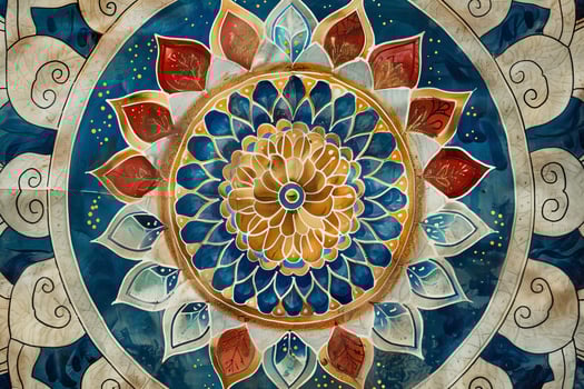 A painting of a flower with gold and blue colors photo