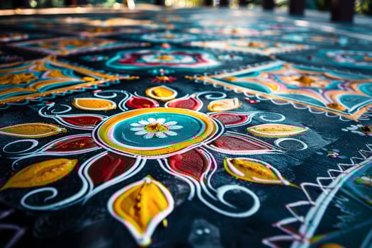 A colorful painted floor with a flower design photo