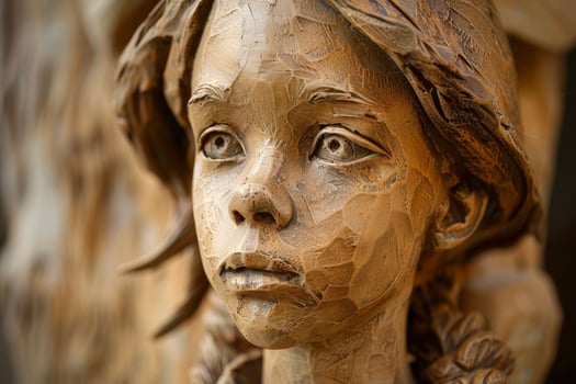 A close up of a wooden sculpture of a girl photo