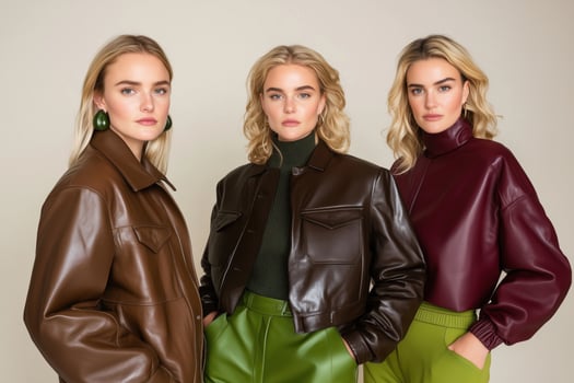 High-end fashion shoot featuring models in dark brown leather jackets and olive green pants with burgundy accessories photo