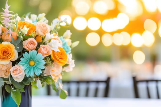 Elegant outdoor wedding setup featuring teal and terracotta floral arrangements with natural wooden tables in evening light photo