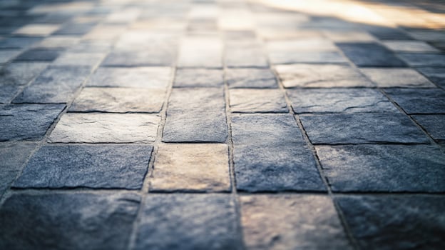 Close up of a tiled floor with a blue and white pattern. The tiles are arranged in a grid, and the overall mood of the image is calm and serene photo