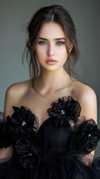 Beautiful young woman in black dress with flowers photo