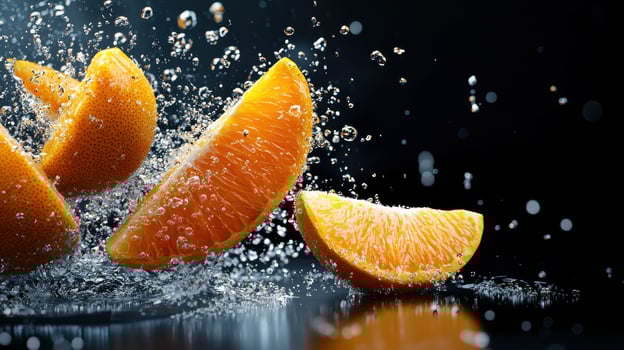 Orange slices being splashed with water photo
