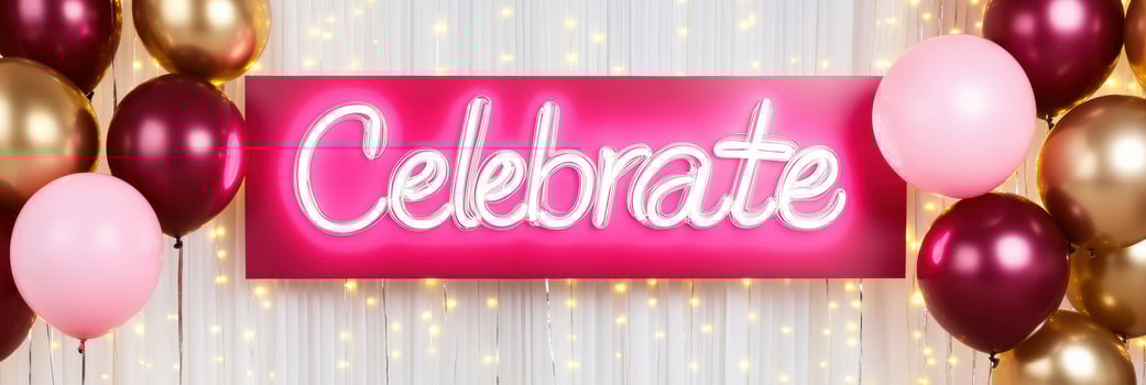 Chic party backdrop featuring burgundy drapery, fairy lights, and a neon sign saying Celebrate with metallic balloons for a festive atmosphere photo