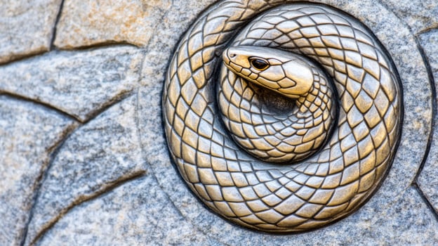 Symbolic snake curled in a circle biting its own tail on an ancient stone tablet representing the concept of Ouroboros and eternal cycles of life photo
