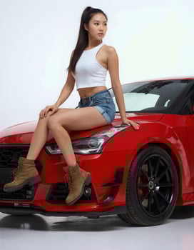 A young Asian woman with a slender physique, wearing a white crop top and denim shorts, sits on a red sports car. photo
