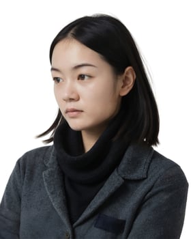 A young Asian woman with shoulder-length black hair wears a grey coat over a black turtleneck. She looks thoughtful. on white background photo