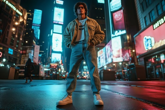 Man in 1980s style stands confidently on bustling city street at night photo