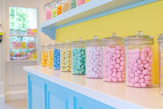 Brightly colored candy store displaying a variety of sweets in jars against vibrant yellow and blue decor photo