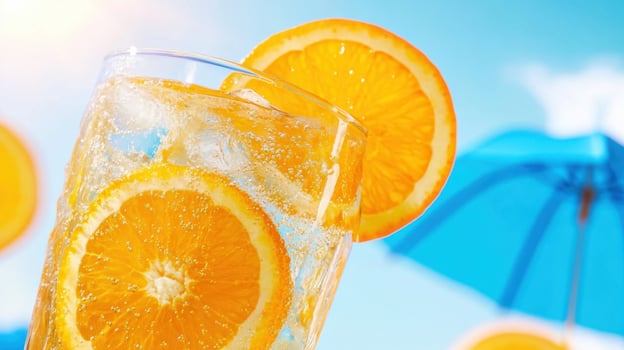 Refreshing tropical drink served with vibrant orange slices and blue umbrellas under a bright sunny sky photo