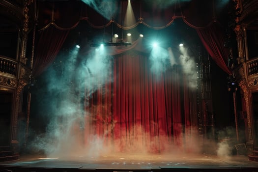 A stage with smoke coming out of the curtain photo