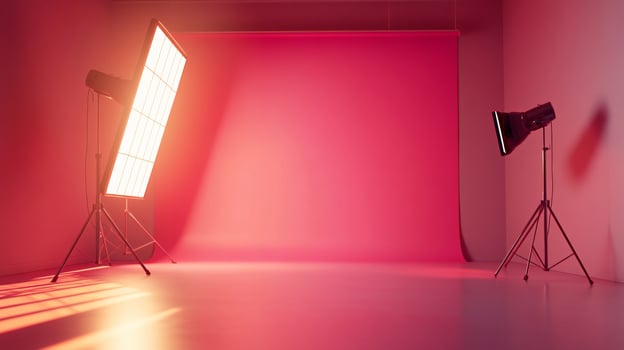 Pink room with two lighting stands. The lights are on and the room is lit up. The room is empty and the lights are focused on the wall photo