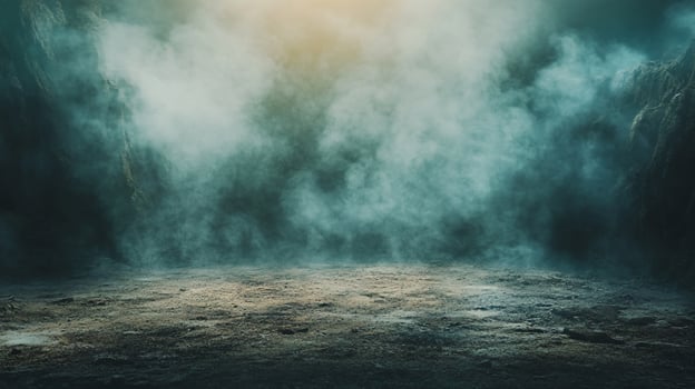 Dark, smoky, and foggy scene with a large, empty space. Scene is mysterious and ominous photo