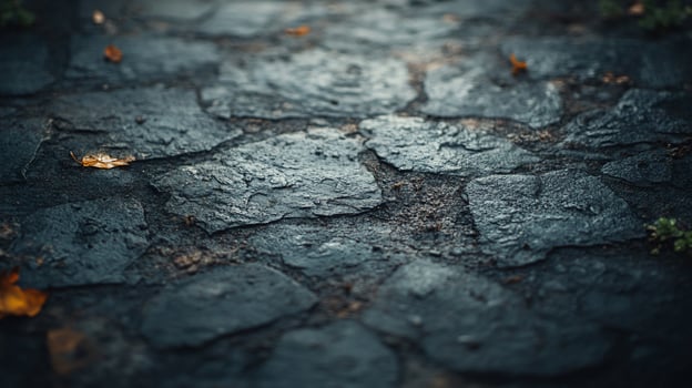 Close up of a wet stone walkway with leaves on the ground. The stone is wet and the leaves are scattered around, creating a damp and slightly eerie atmosphere. The leaves are of various sizes photo