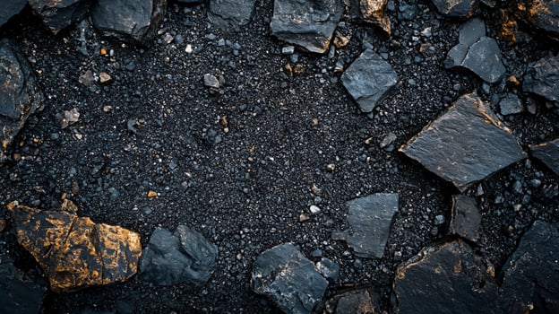 Black and white photo of rocks and dirt. The photo is of a rocky area with a lot of black and gray rocks. The photo has a moody and somber feel to it