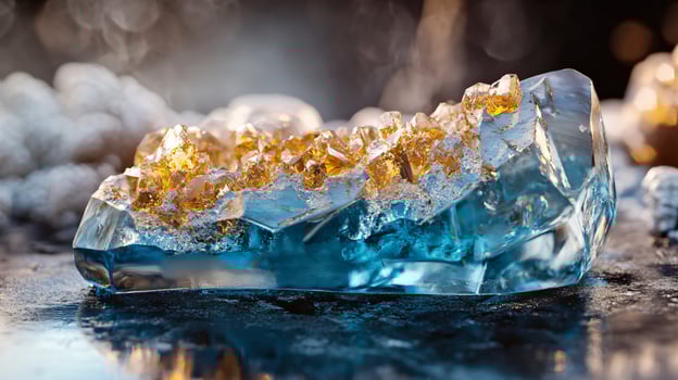 Blue crystal with gold specks on it. The crystal is on a table photo
