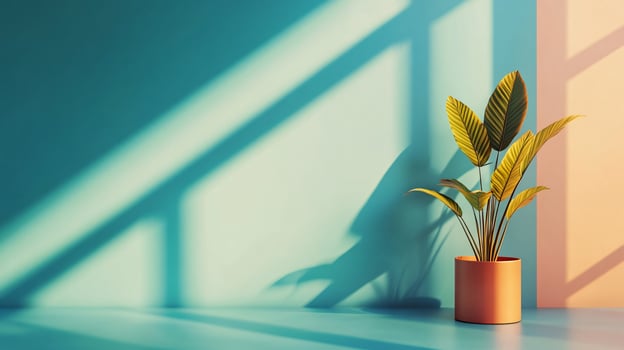 Plant is sitting in a pot on a table in front of a blue wall. The plant is in the sun, casting a shadow on the wall. Scene is calm and peaceful, as the plant is in a quiet photo