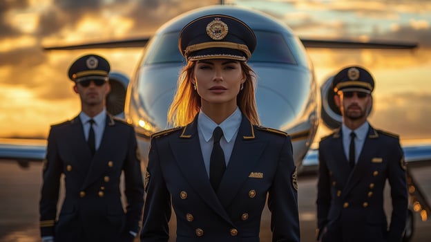 Pilots pose for portrait during sunset at the airport showcasing camaraderie and professionalism photo