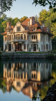 Majestic mansion reflected in serene waters surrounded by lush greenery in a tranquil setting photo