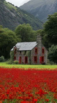 Beautiful stone house surrounded by vibrant red flowers in lush green landscape photo
