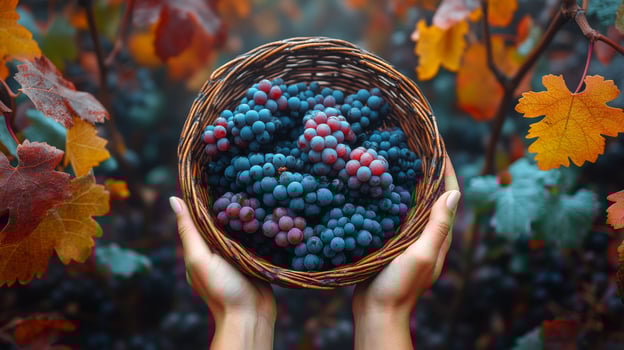Hands holding a basket of fresh grapes in a vineyard during autumn harvest photo