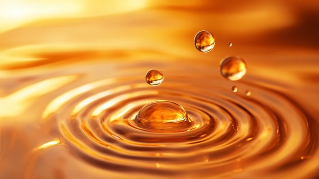 Drop of water is falling into a large body of water. The water is orange and the drop is small photo
