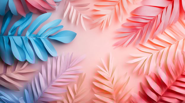 Colorful arrangement of paper leaves on a pink background. The leaves are of different colors, including blue, pink, and red. Scene is cheerful and vibrant, with the bright colors of the leaves photo