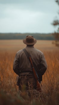 Soldier standing in a field during a sunny afternoon, contemplating the vast open landscape photo
