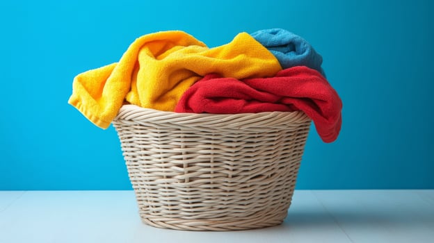 Colorful towels piled in a wicker basket on a soft rug in a bright room setting photo