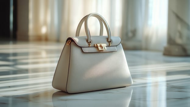 Elegant brown leather handbag displayed on a marble surface in a sophisticated setting photo