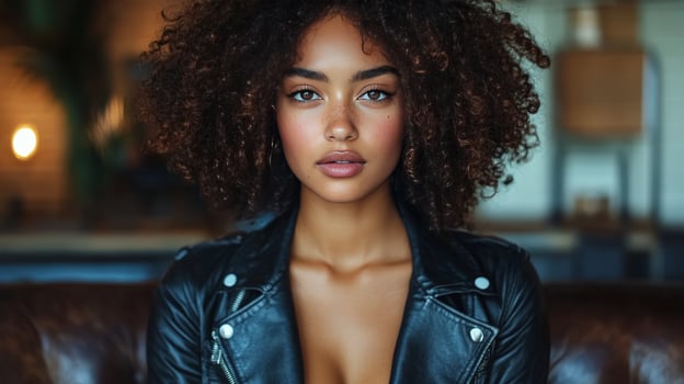 Young woman with curly hair poses on a city street in autumn wearing a stylish leather jacket photo