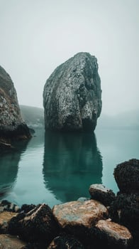 Mysterious rock formation rises from calm water on foggy morning near coastal cliffs photo