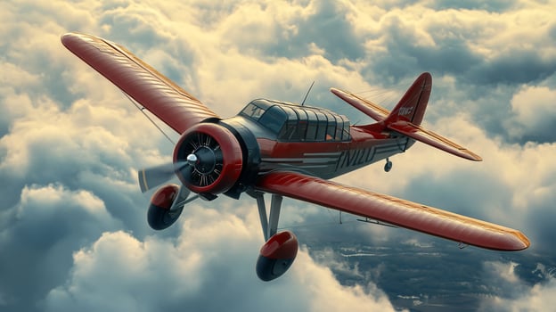 Red airplane is flying through a cloudy sky. The clouds are white and fluffy, and the plane is the only object in the sky photo