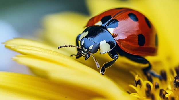 Ladybug is on a yellow flower. The ladybug is red and black with white spots photo