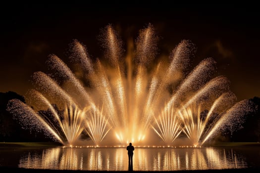 Colorful fireworks illuminate the night sky above a serene lake during a vibrant festival celebration photo