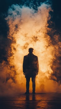 Bright flames illuminate a figure standing amidst smoke and fire at night photo