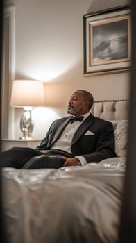 Confident man in a suit sitting on a bed in a dimly lit hotel room during evening hours photo