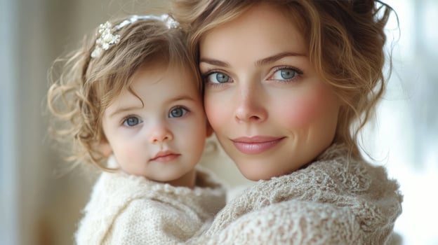 Mother holding baby close with warm expressions in cozy indoor setting during daylight photo